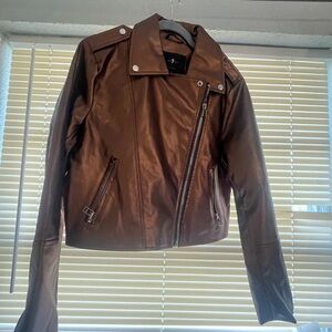 7 For All Mankind Brown Faux Leather Biker Jacket Zipped Pockets Women's L
